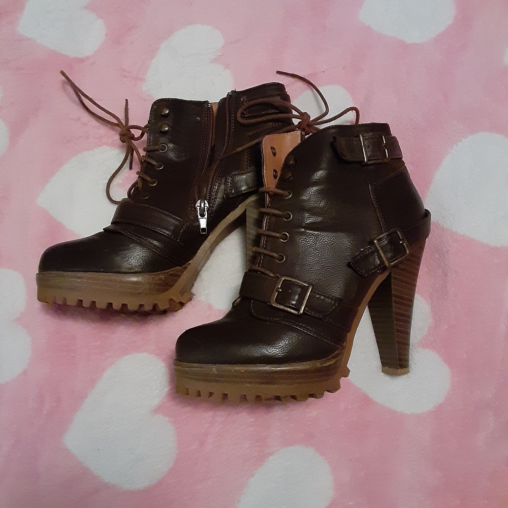 Brown leather platform heeled combat boots